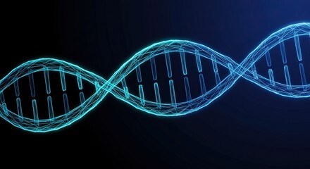 Glowing blue wireframe DNA molecule against a dark background