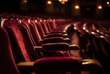 A view of rows of red velvet seats in a theater with soft lighting and a dark background in the auditorium