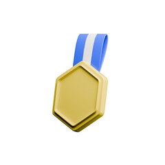 Perspective View 3D Render of Hexagonal Award Badge with Blue Ribbon