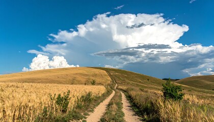 Fototapeta premium Rural path through golden fields, dramatic sky