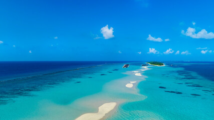 Fototapeta premium Aerial view in the island with white sand beach as coastline in summer Maldives