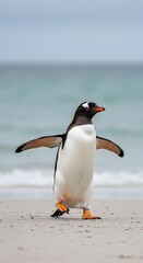 Naklejka premium King Penguin Aptenodytes patagonicus Chicks in Creche in the rain.a Gentoo penguin standing on a sandy beach, wings outstretched and one leg raised. penguin has a black head, white belly, 