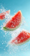 Watermelon slices in mid-air, water splashes