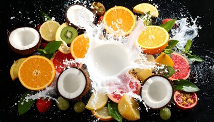 Buah-buahan tropis yang semarak dengan percikan susu yang lembut menciptakan konsep minuman yang menyegarkan, sehat, dan eksotis yang sempurna untuk promosi musim panas dan konten gaya hidup.