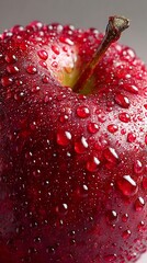 A close up shot of a red apple covered in water droplets with a brown stem on a light background