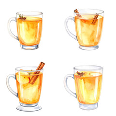 Set of four glass mugs containing hot apple cider with cinnamon sticks, anise stars, and apple slices, perfect for winter on transparent background