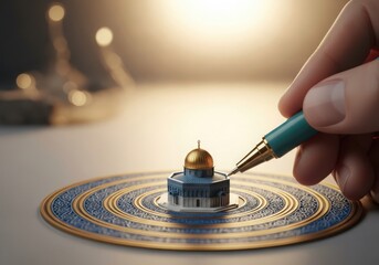 Obraz premium Close up of a hand holding a pen and touching a miniature building on an astronomical instrument