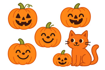 A spooky Halloween pumpkin collection featuring cartoon ghosts, bats, and spiders for a festive autumn holiday celebration