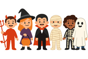 A Happy Halloween set featuring cute cartoon children dressed in various costumes including a devil, witch, ghost, pumpkin, and skeleton