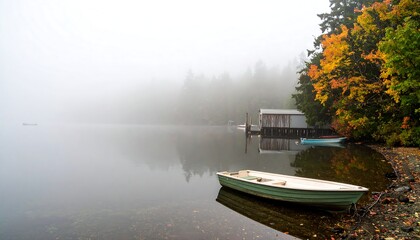 Ethereal Autumn Lake Scene with Green Rowboat and Misty Reflections
