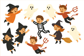 Illustration of a halloween party invitation banner featuring children dressed in monster costumes