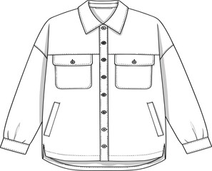  Stylish Women's Oversized Shacket Flat Sketch, Fashion Technical Drawing for Casual Outerwear Design, CAD Vector Illustration