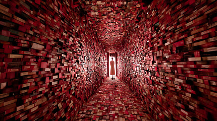 with moving walls of encrypted texts and robotic statues.