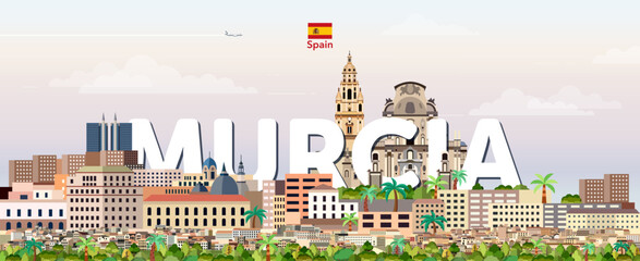 Obraz premium Murcia cityscape colorful vector illustration with big city name on the background. Travel trendy poster