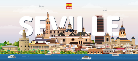 Seville cityscape colorful vector illustration with big city name on the background. Travel trendy poster