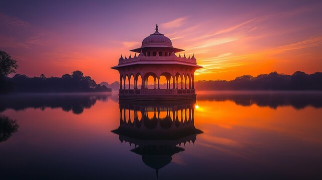 Heritage pavilion at sunrise in Madhya Pradesh lake surrounded by calm waters