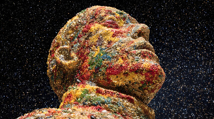 blending human and machine traits posed against a luminous cosmic backdrop.