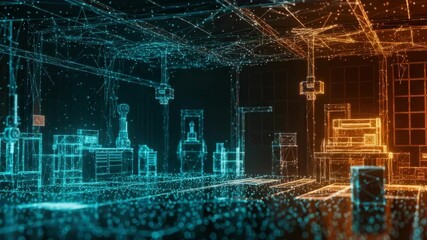 A futuristic digital rendering of a high-tech workshop showcasing robotic arms and machinery surrounded by a network of glowing data points illustrating advanced technology and innovation in manufactu - Powered by Adobe