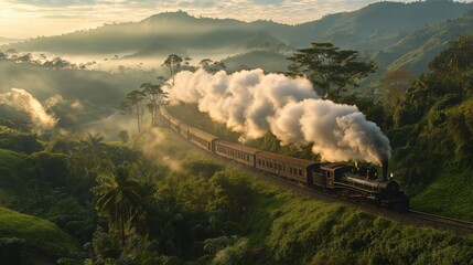 Indian steam train journey through misty tropical forest in scenic mountain region