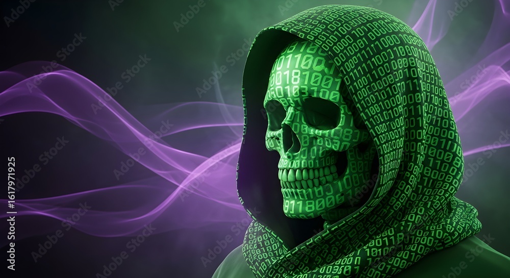 Wall mural digital skull with computer code pattern on a dark background represents data privacy, cyber securit