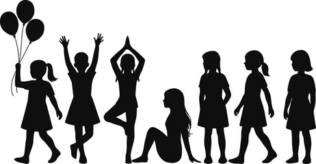 Children silhouette with balloons, sitting and walking poses, celebrating together, playful scene, yoga motion, black and white group art