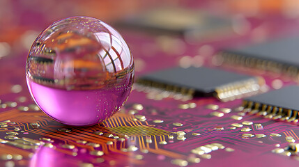 AI being hovering above an energy field with pulsating waves and circuit paths.