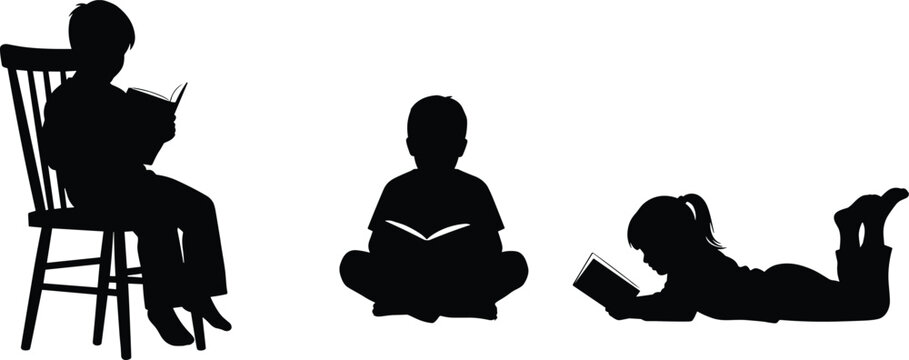 Children reading books, educational silhouette scene, literacy and learning concept, diverse reading poses, black and white vector design illustration