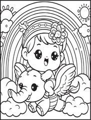 Printable coloring page for kids: Baby dreams coloring page: Baby riding elephant