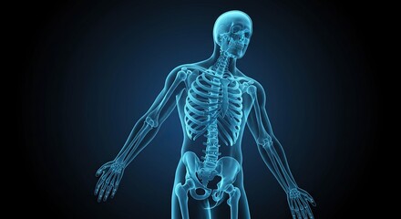 Human skeleton rendered in blue against a dark background