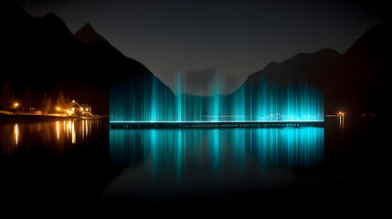 cascading from a mountaintop into a glowing digital lake.
