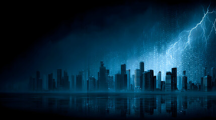 with lightning made of code striking a futuristic AI cityscape