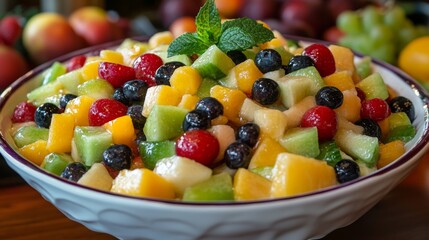 A Colorful and Refreshing Fruit Salad Featuring Juicy Melon, Mixed Berries, and Fresh Mint Leaves