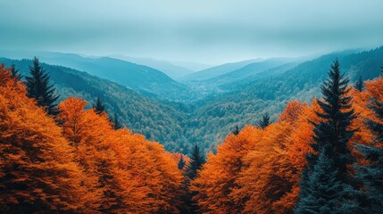 Autumnal valley view, vibrant fall colors meet misty mountains