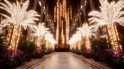 temple surrounded by hovering orbs, glowing glyphs, and mechanical lotus flowers.