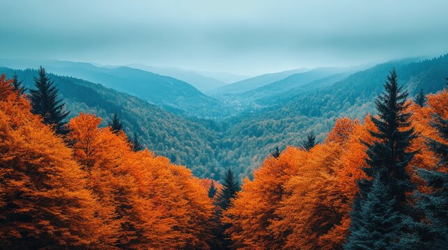 Autumnal valley view, vibrant fall colors meet misty mountains