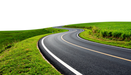 Curved countryside road with green grass edges, minimal design, isolated on transparent background