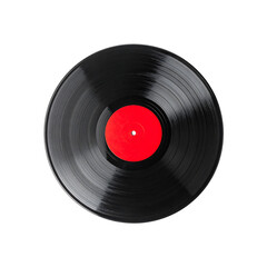 Fototapeta premium Vinyl record with vibrant red label on transparent background