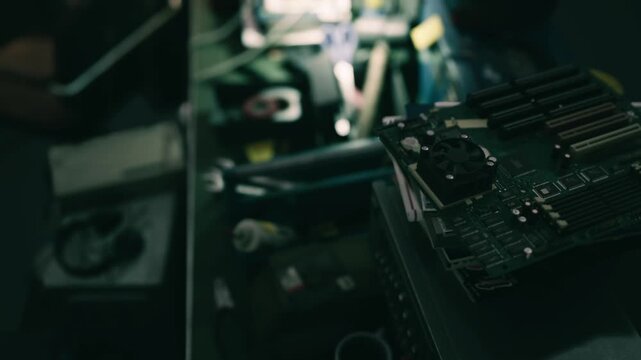 A laborious atmosphere fills a workspace cluttered with various electronic components. The focus is on a circuit board among tools, suggesting ongoing repair work.