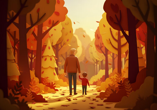 A Caucasian father and son walking through a vibrant paper cutout forest in autumn, late afternoon sunlight, dad in a brown jacket, son in a red sweater, golden hour, leaves crunching underfoot.