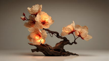 tree with roots made of wires and blossoms glowing with artificial light.