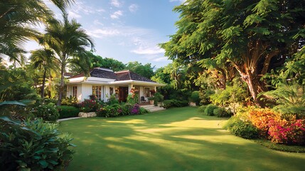 Exterior of a house with a lawn and tropical vegetation under a cloudy sky