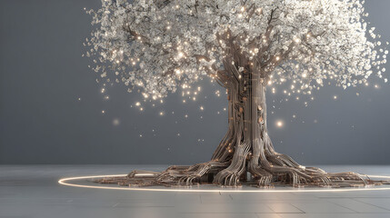 tree with roots made of wires and blossoms glowing with artificial light.