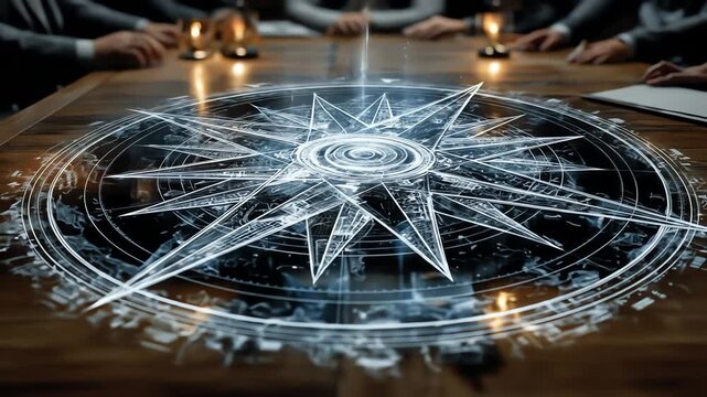 Futuristic compass rose illuminates board meeting