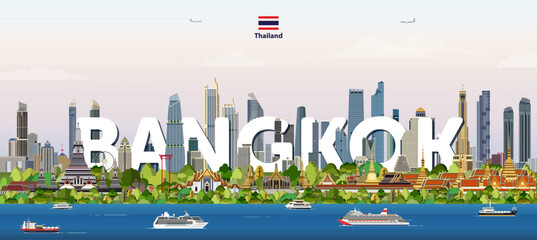 Naklejka premium Bangkok cityscape colorful vector illustration with big city name on the background. Travel trendy poster