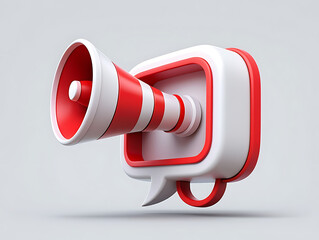 3d illustration of a red and white megaphone inside a speech bubble icon symbolizing announcement or promotion