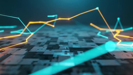 A dynamic abstract representation of interconnected lines and shapes showcasing vibrant blue and orange colors against a dark background symbolizing technology and innovation in a digital landscape - Powered by Adobe