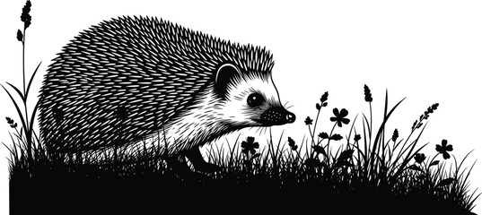 Hedgehog silhouette illustration, nature animal sketch, standing on grass, floral background, black and white wildlife vector, forest scene artwork