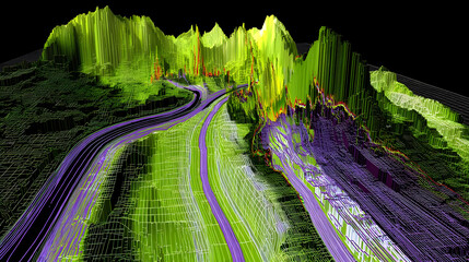 range composed of luminous cubes and flowing streams of data