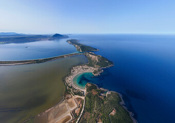 Aerial images of Voidokilia Beach and Navarino Castle in the Peloponnese, Greece