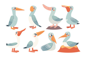 Playful Pelican Illustrations: A collection of charming illustrations showcasing the unique features and whimsical expressions of various pelicans. Evoking joy and lightheartedness.